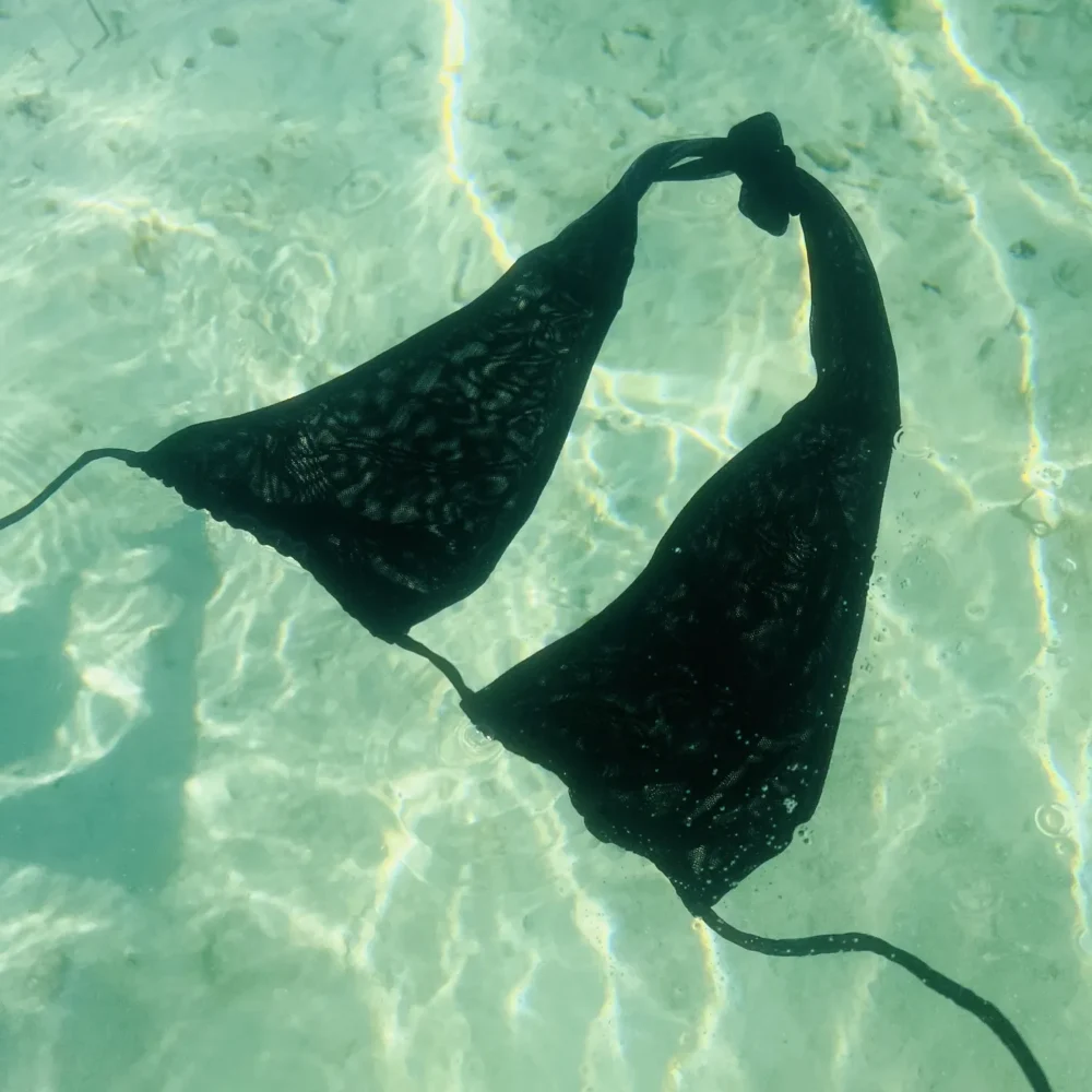 Black Avery halter triangle bikini top with adjustable ties.