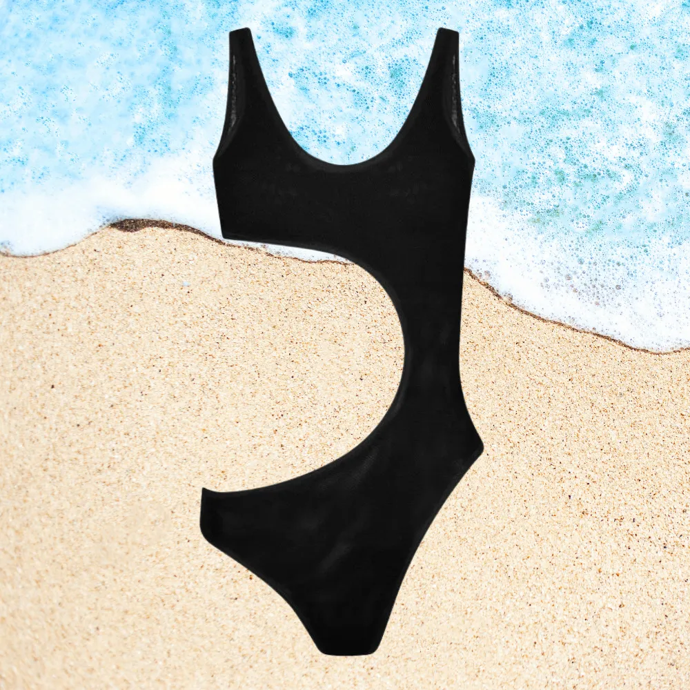 Stylish Morgan one piece black swimsuit with high waist and adjustable ties.