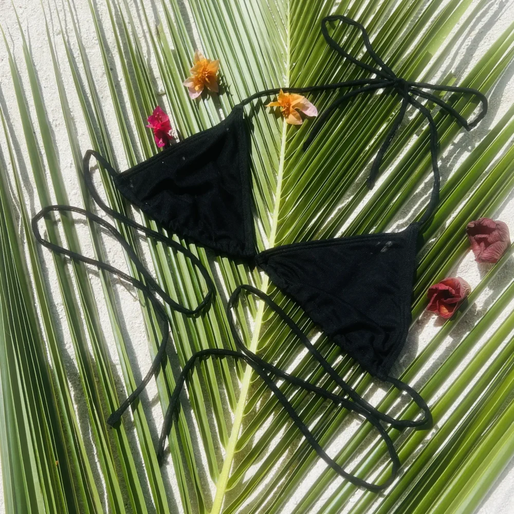 Black Madison triangle bikini top with adjustable ties.